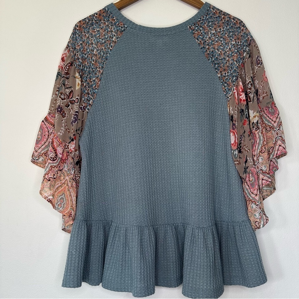 Umgee Waffle Knit Top with Floral Accent Sleeves - Picture 6 of 6